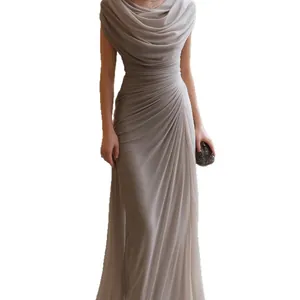 Elegant slim fit grey cowl neck pleated maxi dress for special cocktail evening parties