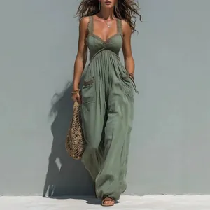 Mono Sexy Sin Mangas para Mujer con Ribete de Encaje Pierna Ancha Color Sólido Cintura Alta Suelto Verano Playa Vacaciones Moda