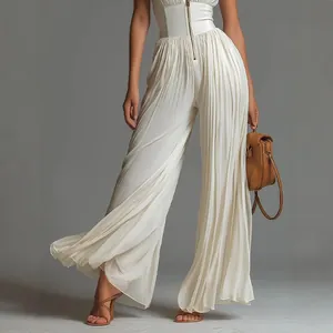 Elegant white pleated wide-leg jumpsuit featuring a corset-style zippered bodice design