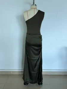 Back view of elegant one-shoulder pleated satin maxi dress on a mannequin