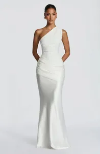 Elegant one-shoulder ruched white satin maxi dress with a flattering slim fit for formal events