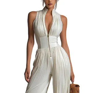 Elegant white pleated sleeveless wide-leg jumpsuit with front zipper for a chic fashion look