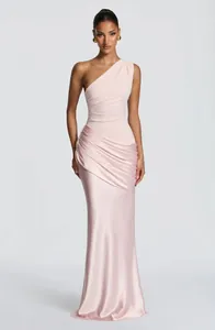 Elegant pink satin one-shoulder maxi dress with ruched details for a slim fit look