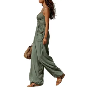 Mono bohemio verde oliva sin mangas de pierna ancha con encaje para las vacaciones de verano