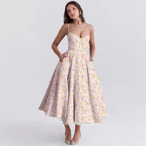 Elegant French style floral mesh dress with double-layer skirt and spaghetti straps