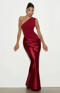 Elegant one-shoulder red satin maxi dress with ruched detailing and slim fit design