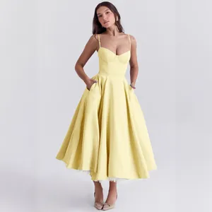Elegant pale yellow French style mesh midi dress with double-layer swing skirt