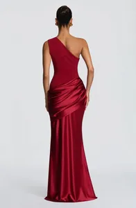 Elegant red one-shoulder pleated satin dress back view showing slim fit and floor length.