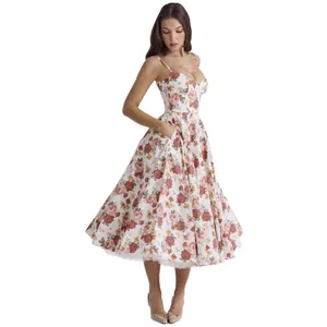 Elegant vintage floral A-line princess dress with mesh layers and spaghetti straps