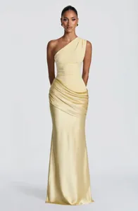 Elegant pale yellow one-shoulder satin ruched maxi dress for formal evening events
