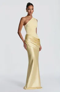 Elegant one-shoulder pleated satin maxi dress with a flattering slim fit silhouette.