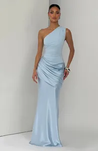 Detailed view of an elegant light blue one-shoulder pleated satin maxi dress for women
