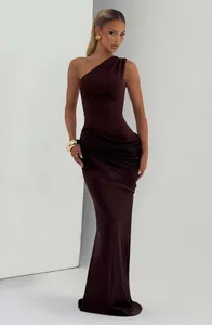 Close-up of elegant dark brown one-shoulder draped satin bodycon maxi dress for formal evening