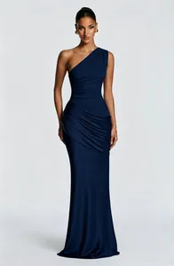 Elegant navy blue one-shoulder pleated satin maxi dress with slim fit draping details