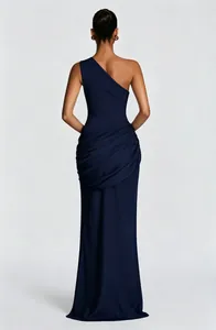 Back view detail of an elegant navy blue one-shoulder satin ruched maxi evening dress.