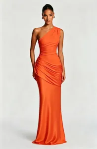 Detailed view showing the elegant draping and vibrant color of the orange satin gown