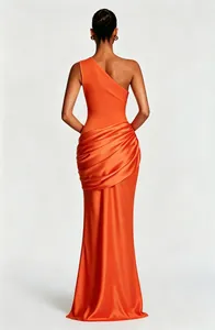 Back view of elegant orange one-shoulder pleated satin maxi dress with draped details