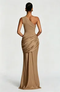 Detailed back view of an elegant one-shoulder pleated satin maxi dress in bronze gold