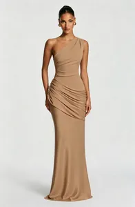 Elegant one-shoulder pleated satin maxi dress in camel shown in a detailed studio shot