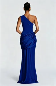 Elegant royal blue one-shoulder satin ruched maxi dress shown from the back view