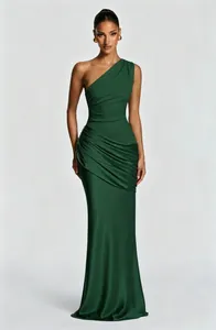 Elegant dark green one-shoulder draped satin bodycon maxi dress showing exquisite pleated detail