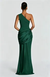 Detailed back view of an elegant dark green one-shoulder pleated satin bodycon maxi dress