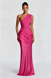 Elegant one-shoulder pleated fuchsia satin floor-length evening gown with draped detail