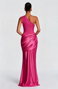 Detailed back view of pink one-shoulder satin maxi dress featuring elegant pleated waist
