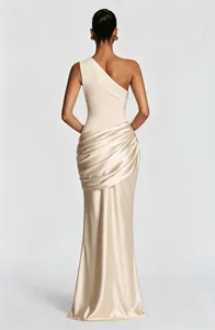 Back view of an elegant one-shoulder pleated champagne satin maxi dress for women