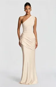 Elegant cream satin one-shoulder maxi dress with ruched details and draped skirt