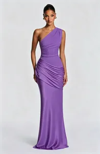 Full-length view of a purple one-shoulder satin dress showcasing the draped pleats.