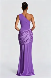 Back view of elegant purple one-shoulder pleated satin maxi dress with slim fit design