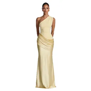 Elegant one-shoulder pleated satin maxi dress in pale yellow for a slim fit silhouette