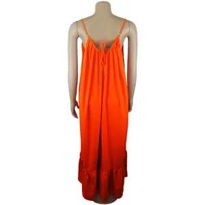 Detailed back view of a vibrant orange sleeveless maxi dress with tie detail and ruffled hem