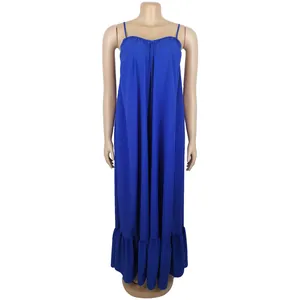 Full view of elegant royal blue sleeveless sling maxi dress with ruffled hem