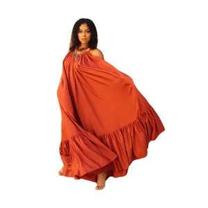 Elegant loose orange sleeveless maxi dress with ruffled hem and flowy A-line silhouette