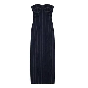 Women Slim Fit Off-Shoulder Denim Midi Dress Contrast Stitching Rear Slit Bodycon Polyester Pullover Dress Streetwear