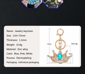 Detailed view of crystal crown keychain with dimensions and material specifications