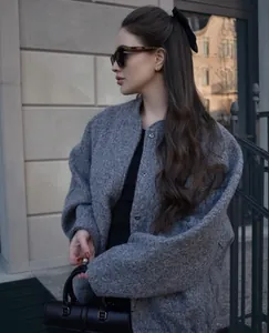 Elegant grey textured women's cardigan jacket with minimalist standing collar detail
