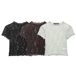 Detailed macro view of three color options for retro flocked lace short-sleeved T-shirts