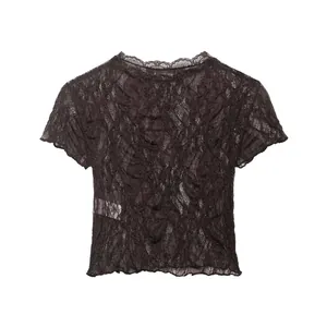Detailed view of a vintage flocked lace short sleeve T-shirt in dark brown for summer