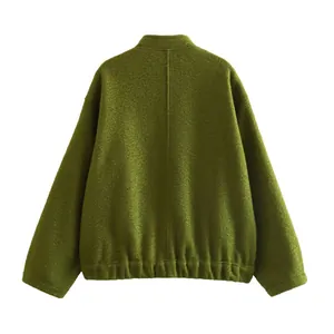 Rear view of a minimalist olive green textured bomber jacket featuring a stand collar