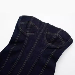 Dark blue strapless denim midi dress with contrast stitching and structured bodice