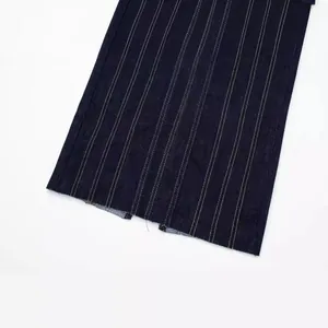 Navy blue denim midi dress featuring vertical contrast pinstripe stitching details