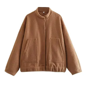 Brown textured standing collar jacket with large pockets and minimalist design style