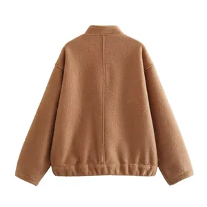 Rear view of brown stand-collar fleece jacket showing texture and back seam detail