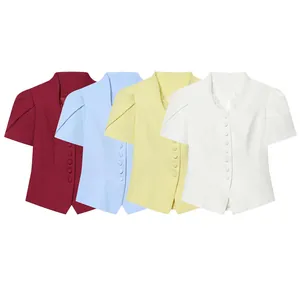 Collection of four women's short-sleeved blazers featuring lace splicing in multiple colors