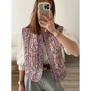 Women Floral Printed Quilted Vest Sleeveless Ethnic Style Padded Waistcoat V-Neck Streetwear Jacket Top