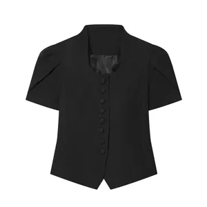 Detail of black short sleeve blazer with lace patchwork and button front.