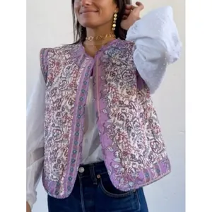 Bohemian floral quilted vest for women, street style autumn winter sleeveless jacket